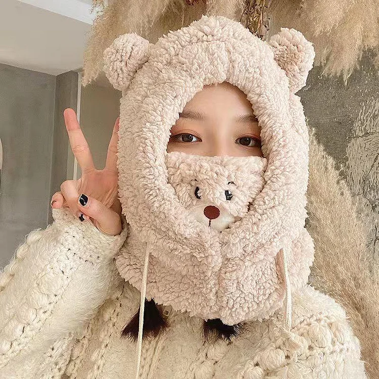 Warm Cute Bear Mask Hat Scarf Set