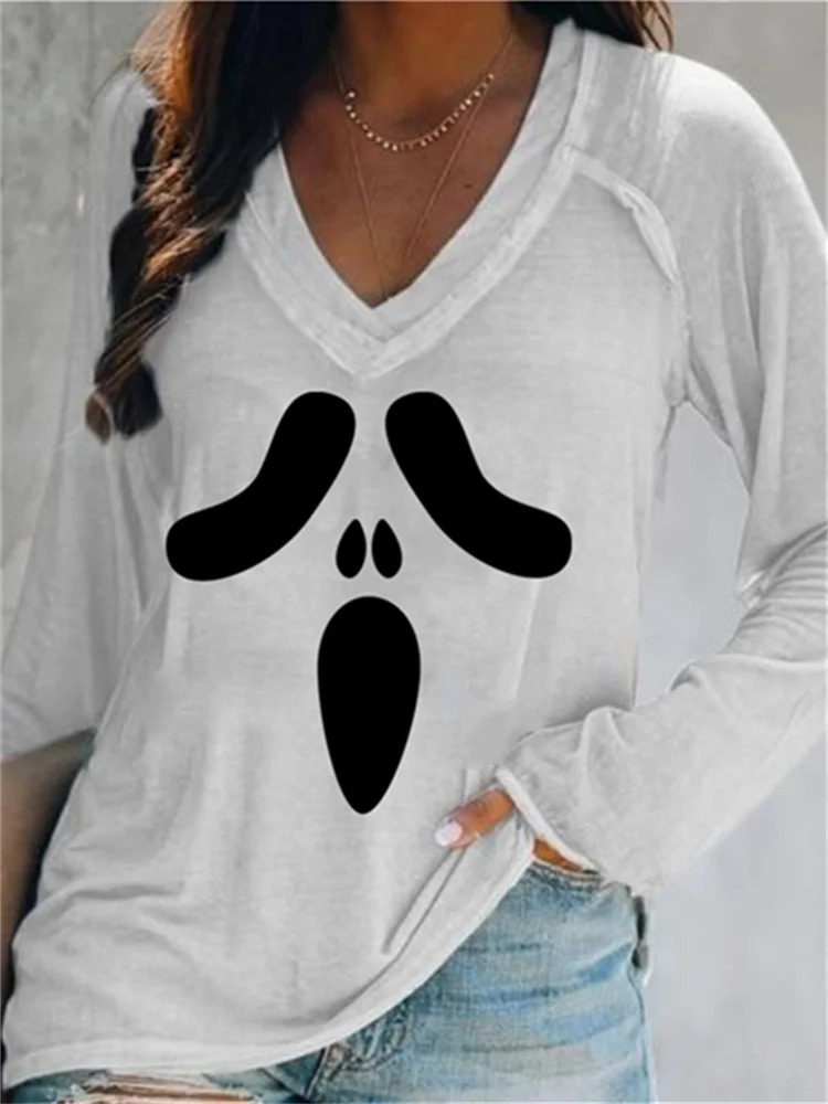 Spooky Ghost Face V Neck T Shirt
