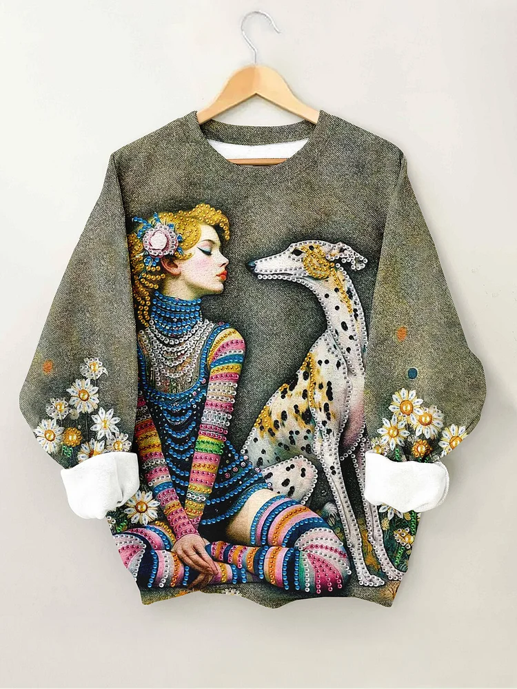 Women's Beaded Lady And Dalmatian Flowers Art Print Casual Sweatshirt