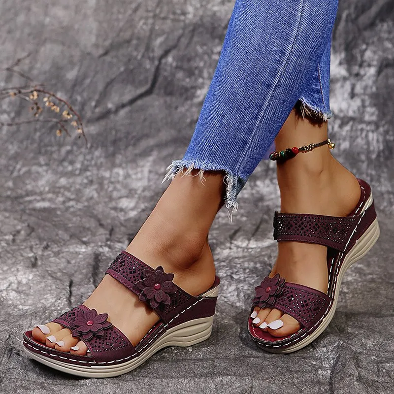 Sursell Sandals Women Casual Shoes Vintage Flower Fish Mouth Sandals