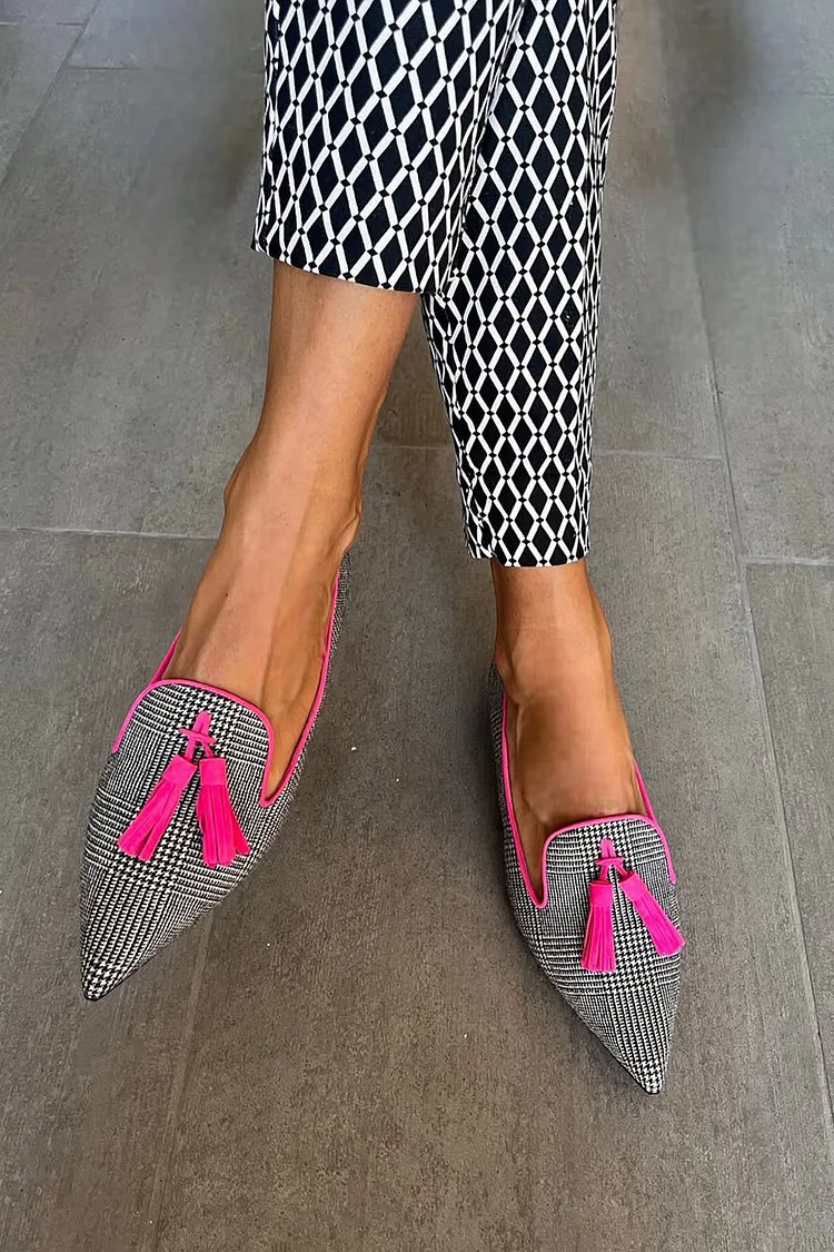 Colorblock Tassels Decor Pointed Toe Black Loafers [Pre Order]
