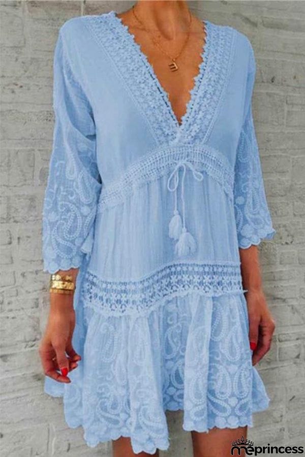 V Neck Lace Crochet Hollow Out Swing Dress