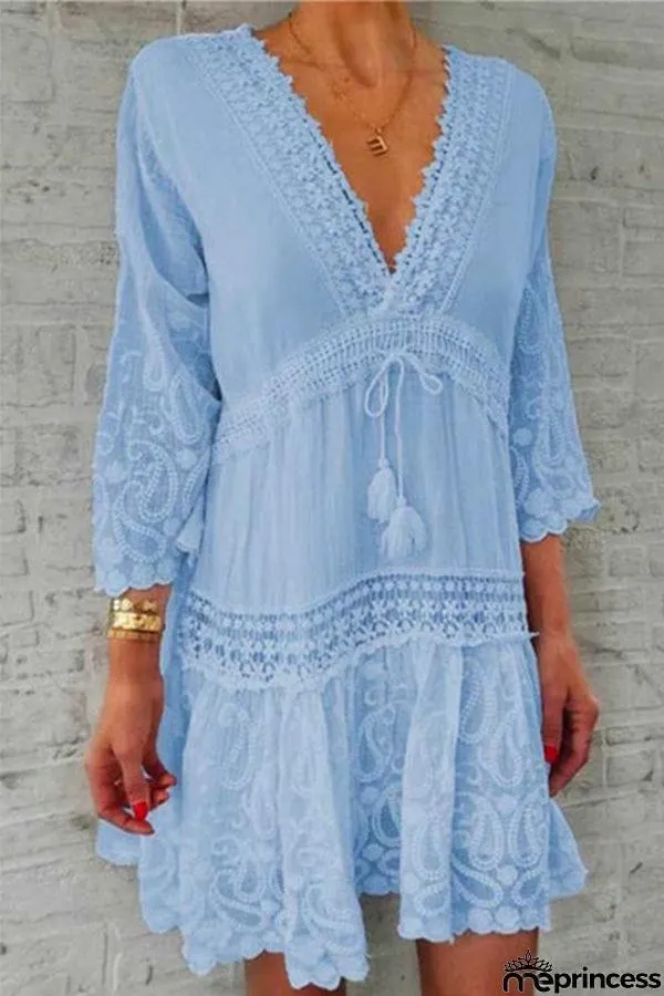 V Neck Lace Crochet Hollow Out Swing Dress