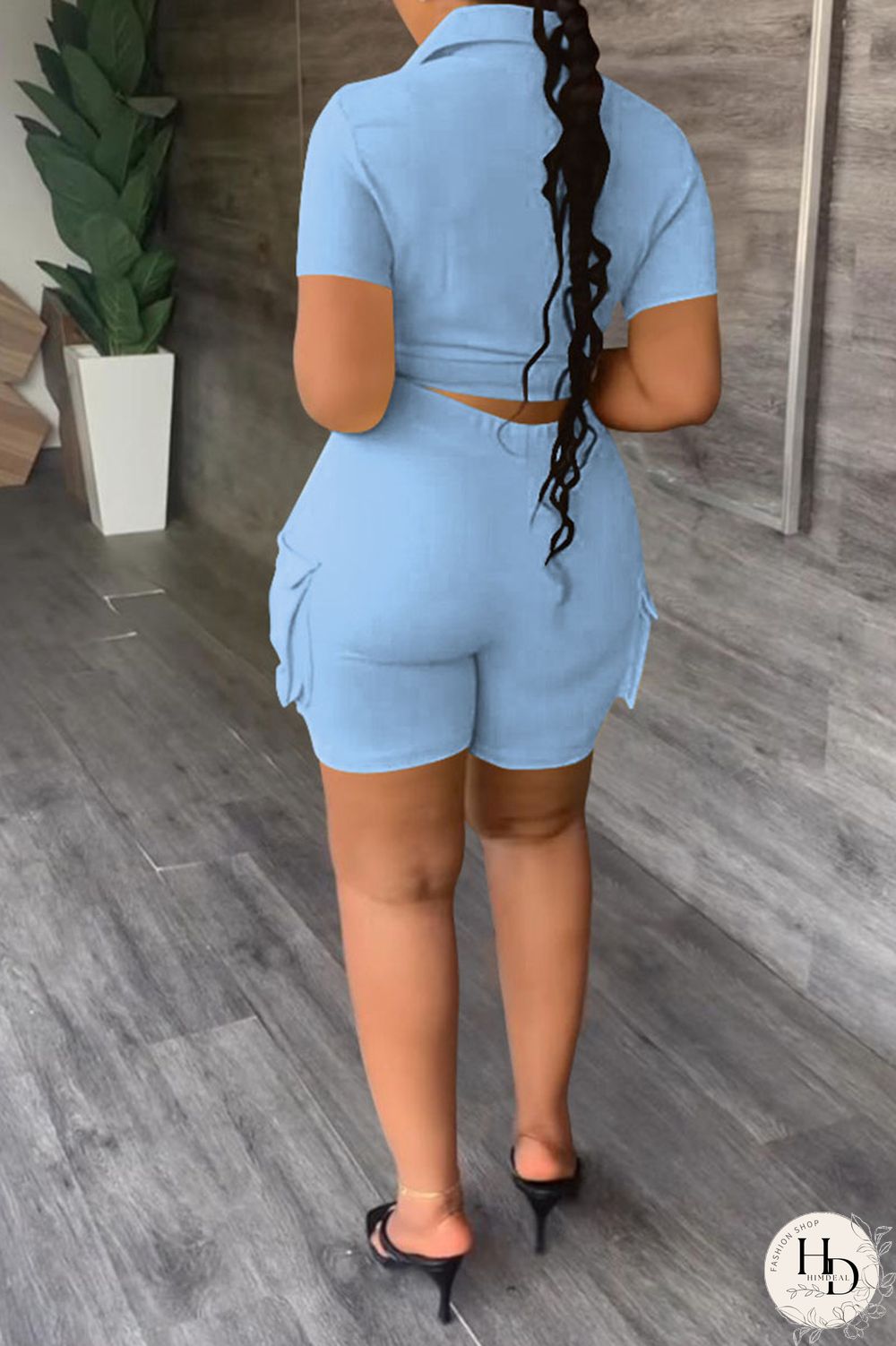 Khaki Casual Solid Bandage Patchwork Pocket Buckle Turndown Collar Short Sleeve Two Pieces