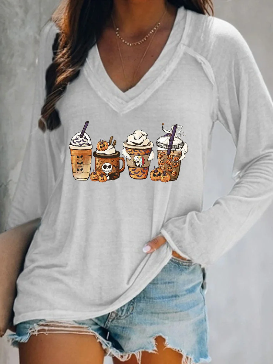 Halloween Nightmare Coffee Latte Pumpkin Long Sleeve V-Neck T-shirt