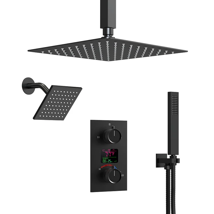 EVERSTEIN LCD Temperature Display Rainfall Shower System in Matte Black SFS-1033-BK12
