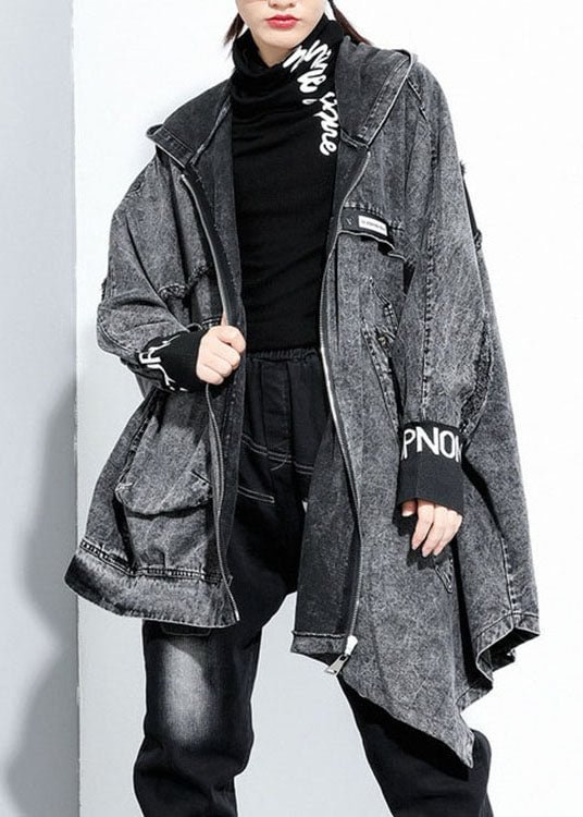 Italian Black Hooded asymmetrical design denim Coat Spring CK2196- Fabulory