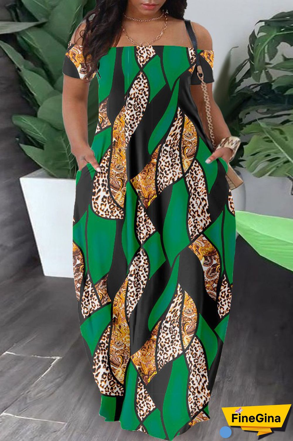 Army Green Casual Print Patchwork Pocket Off the Shoulder Lantern Dress Dresses