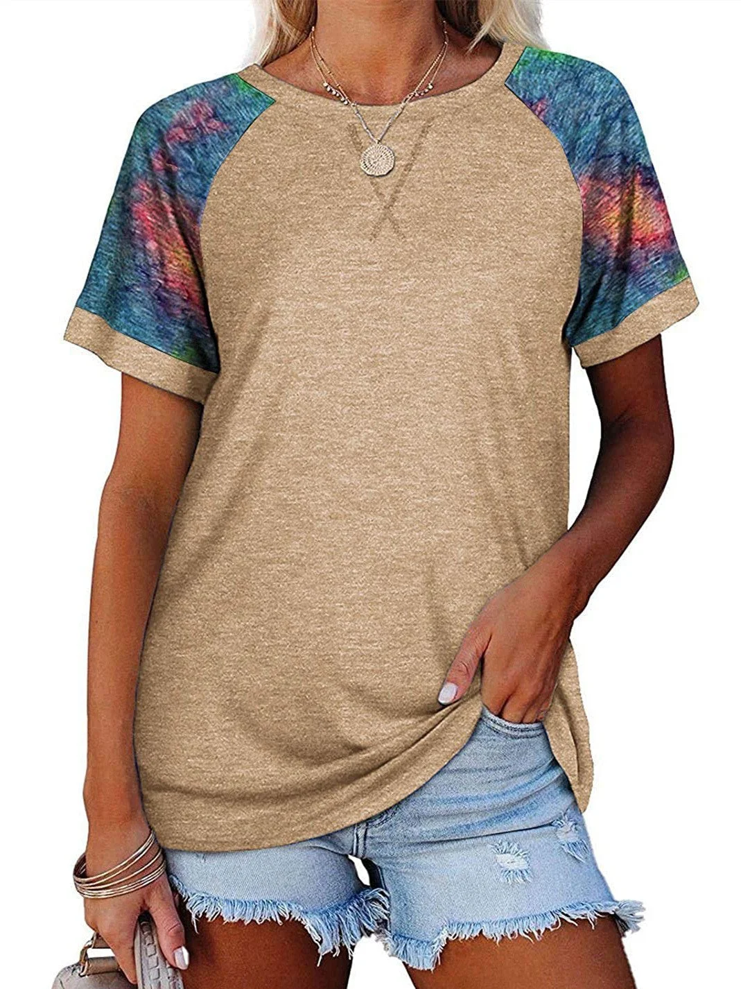 Women Short Sleeve Scoop Neck Printed Stitching Top