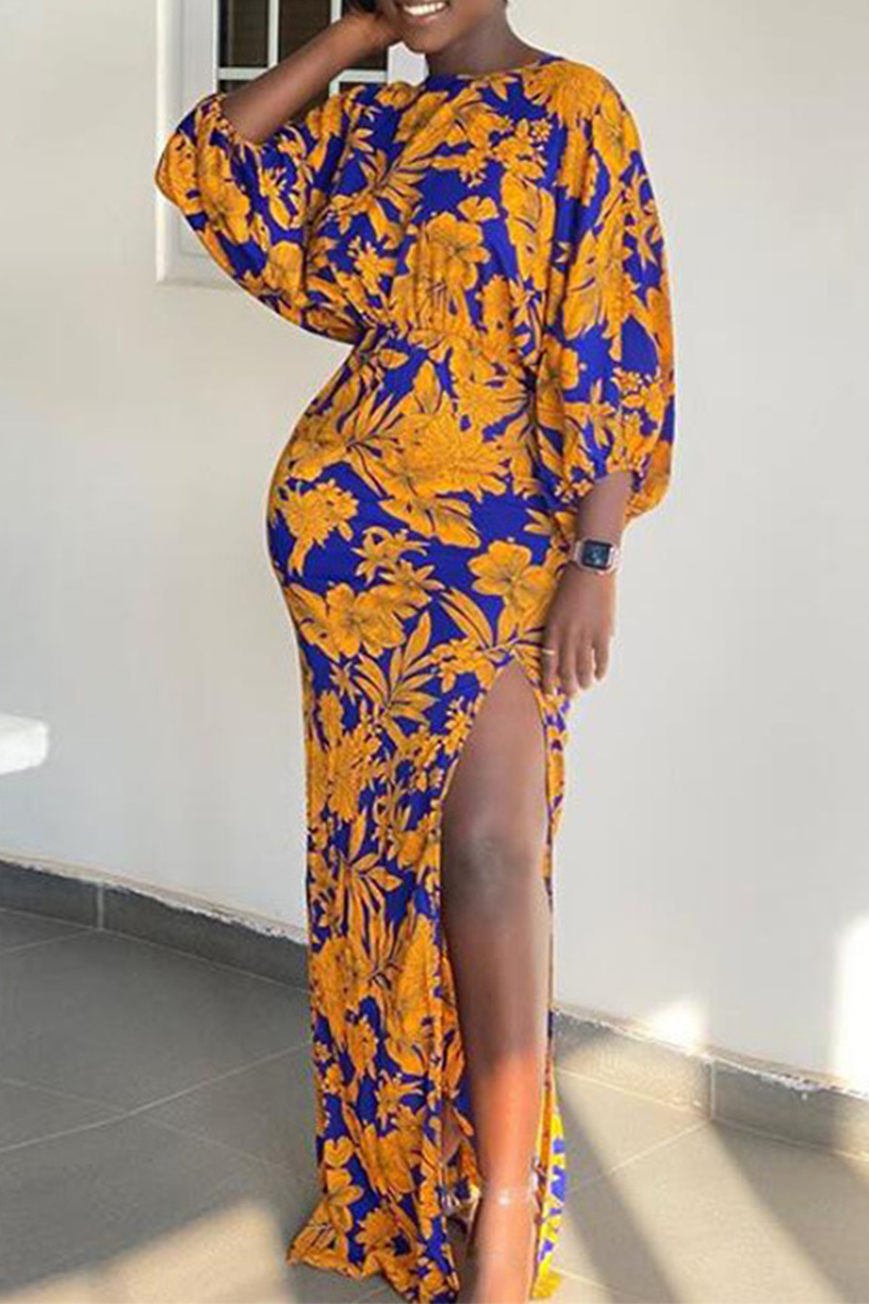 Orange Casual Print High Opening O Neck Irregular Dress Dresses | EGEMISS