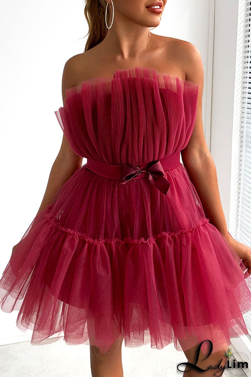 Red Sexy Solid Patchwork Asymmetrical Strapless Evening Dress Dresses