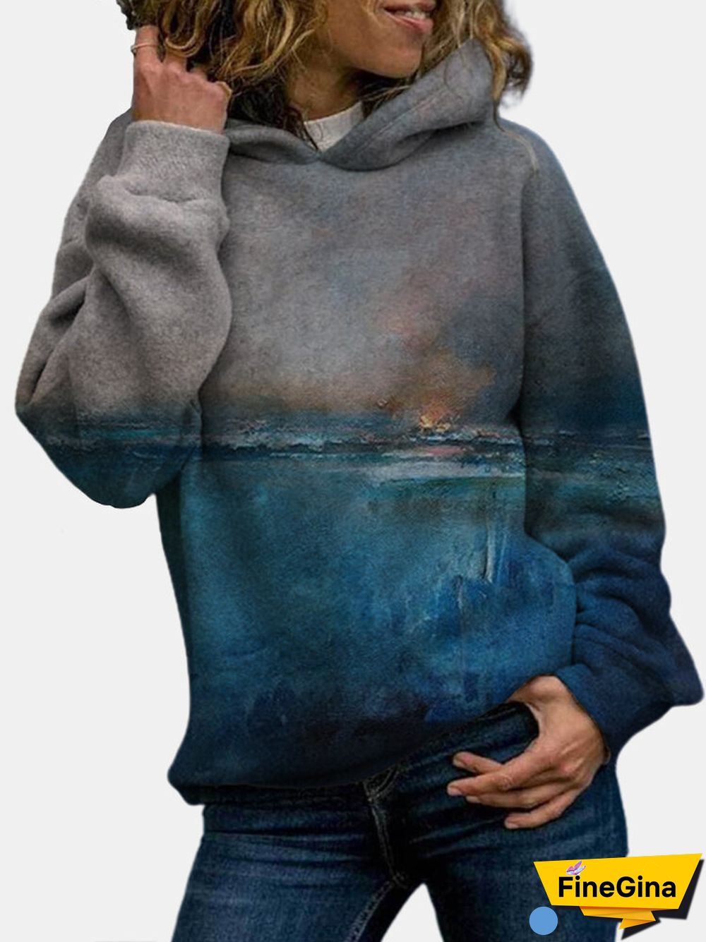 Landscape Printed Long Sleeve Casual Hoodie For Women