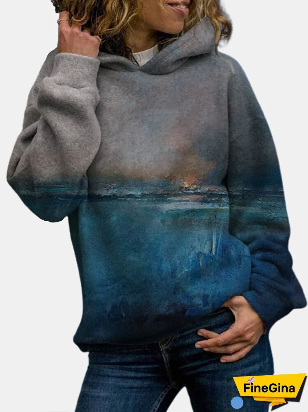 Landscape Printed Long Sleeve Casual Hoodie For Women