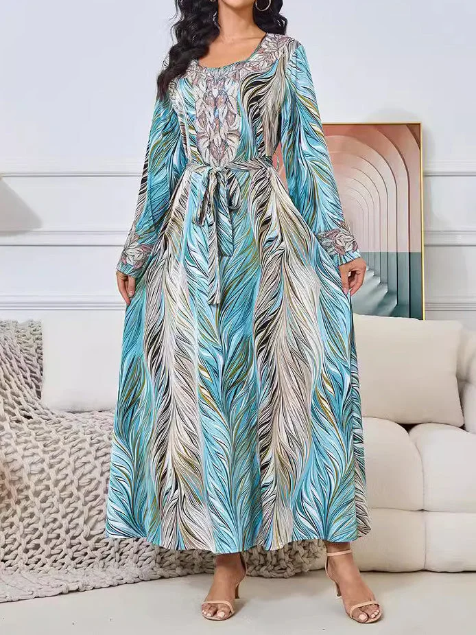 Women's Long Sleeve Square Collar Sequins Graphic Printed Maxi Dress