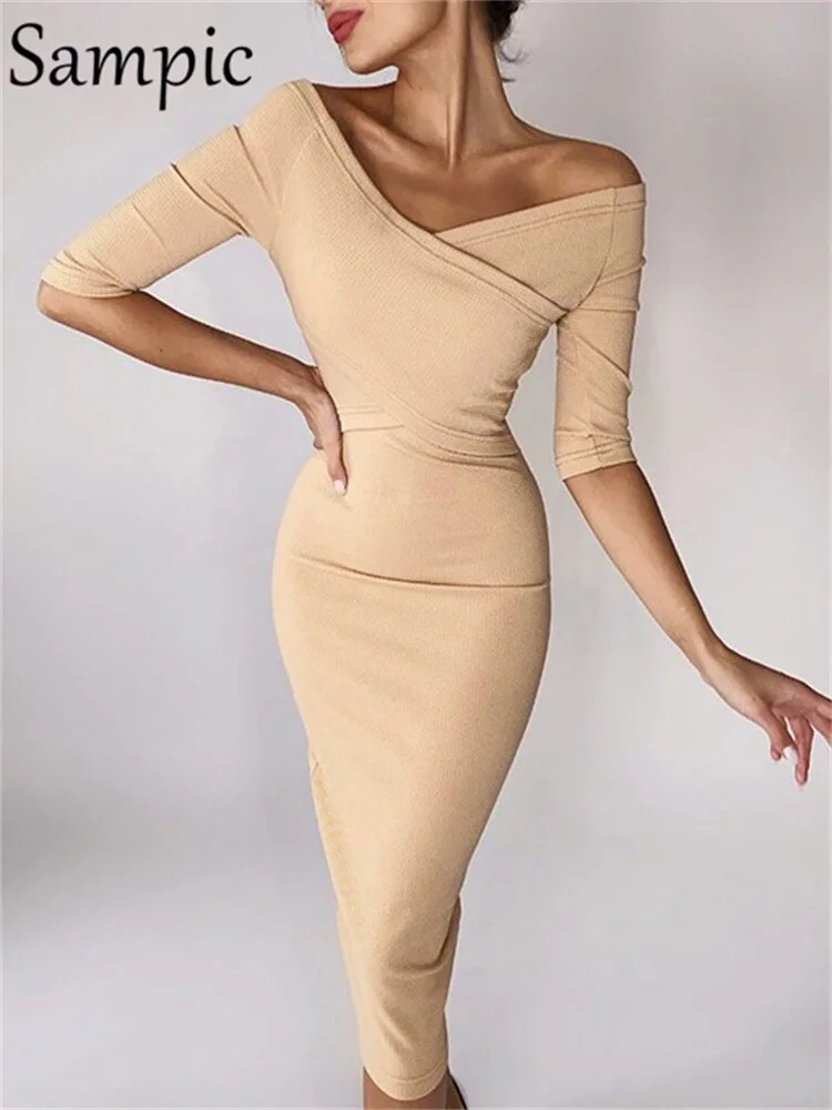 Sampic V Neck Sexy Off Shoulder Skinny Bodycon Midi Dress 2021 Women Clothing Black Wrap Backless Party Night Club Elegant Dress