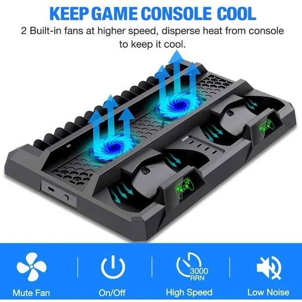 DinoFire PS4 Stand Cooling Fan for PS4 Slim/PS4 Pro, Vertical Stand Cooler with Dual Controller Charge Station-Black