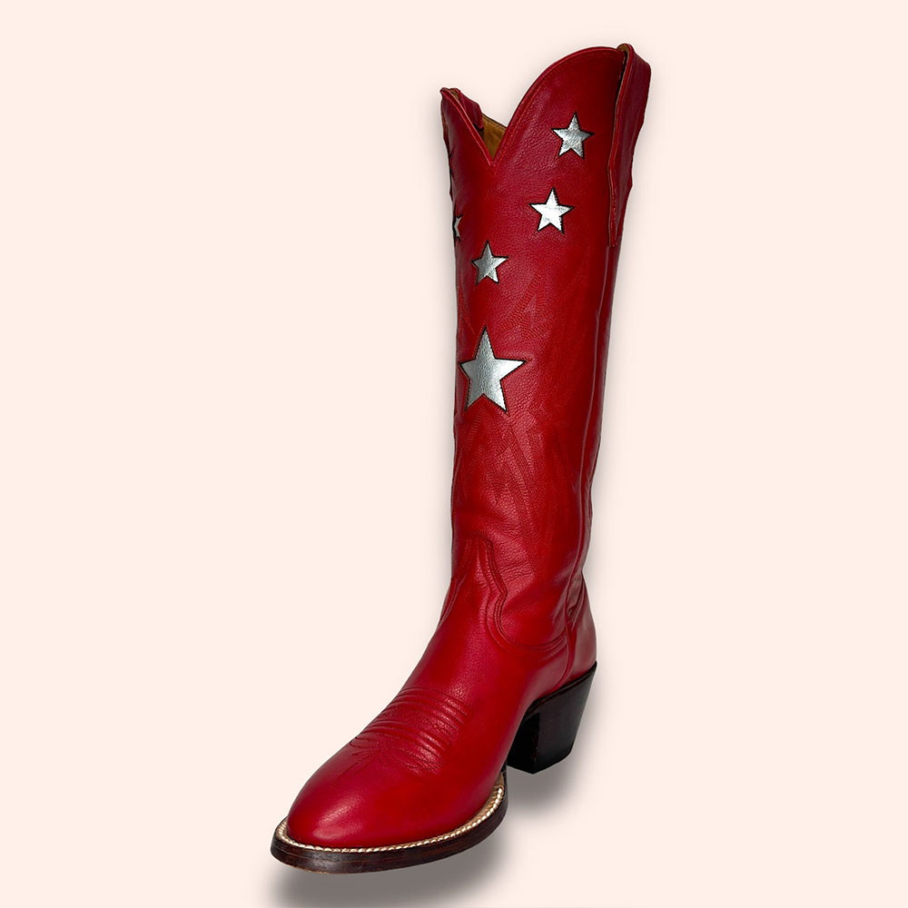 Red Stars Embroidered Round Toe Chunky Heel Wide Calf Cowgirl Boots Nicepairs