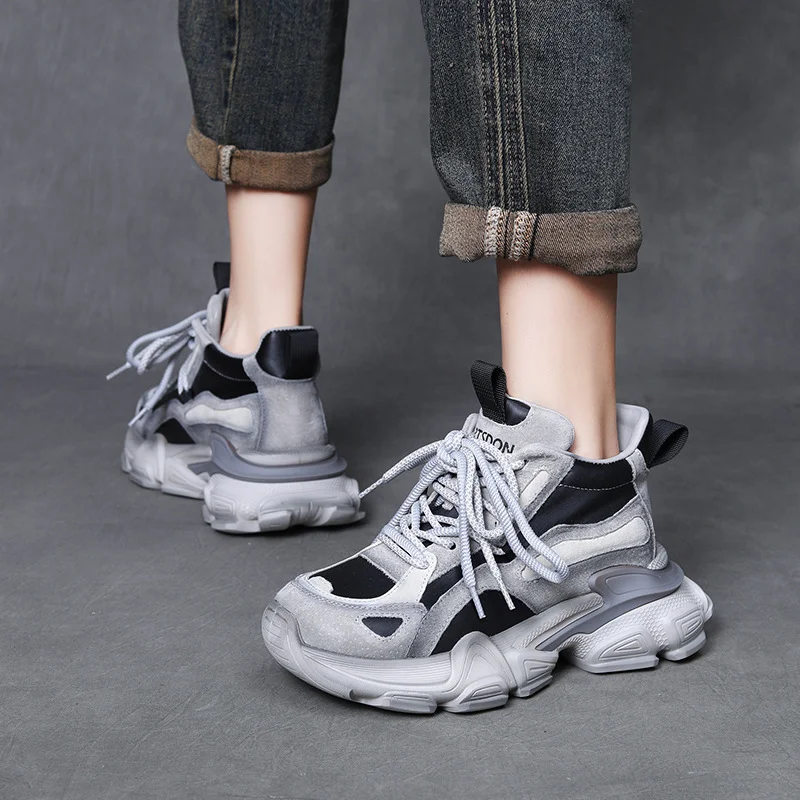 Yyvonne Layer Of Cowhone Cake Thick-Bottomed Old Dad Shoes Women In The Autumn Of The New Small Man To Increase The Casual Shoes Fashion