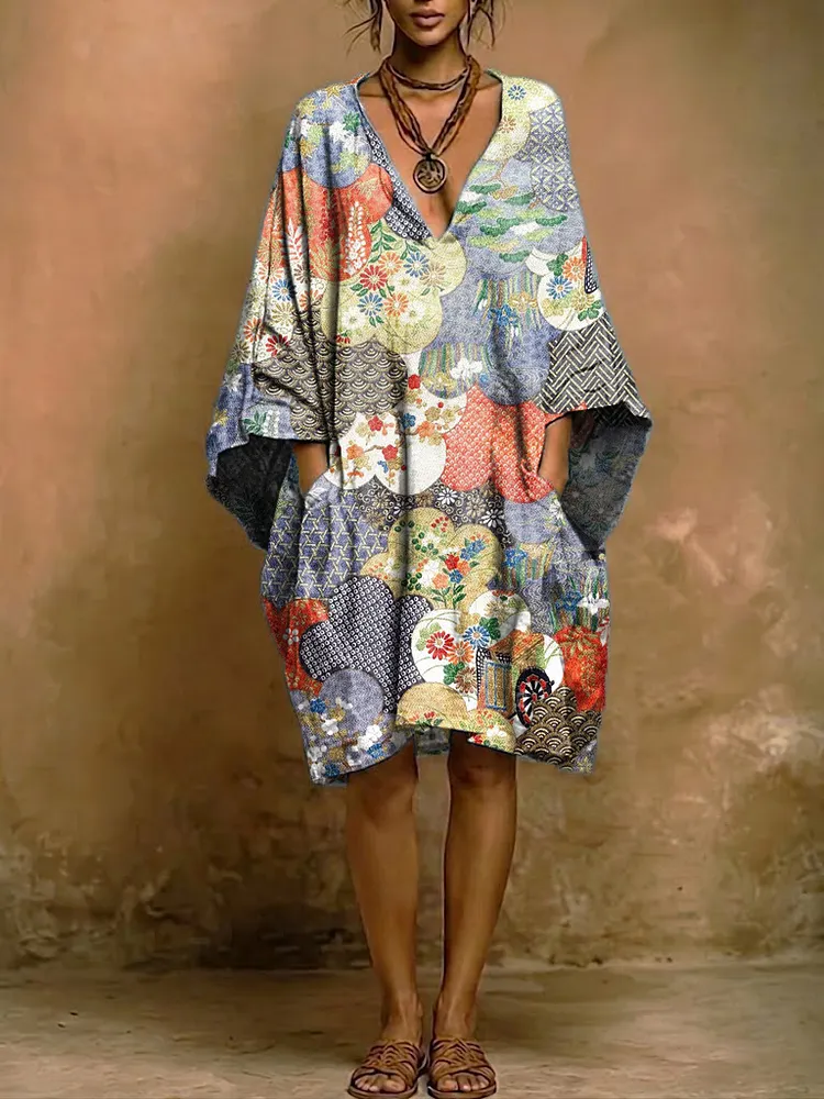 Bohemian-style Vintage Patchwork Art Print Cotton-linen Dress