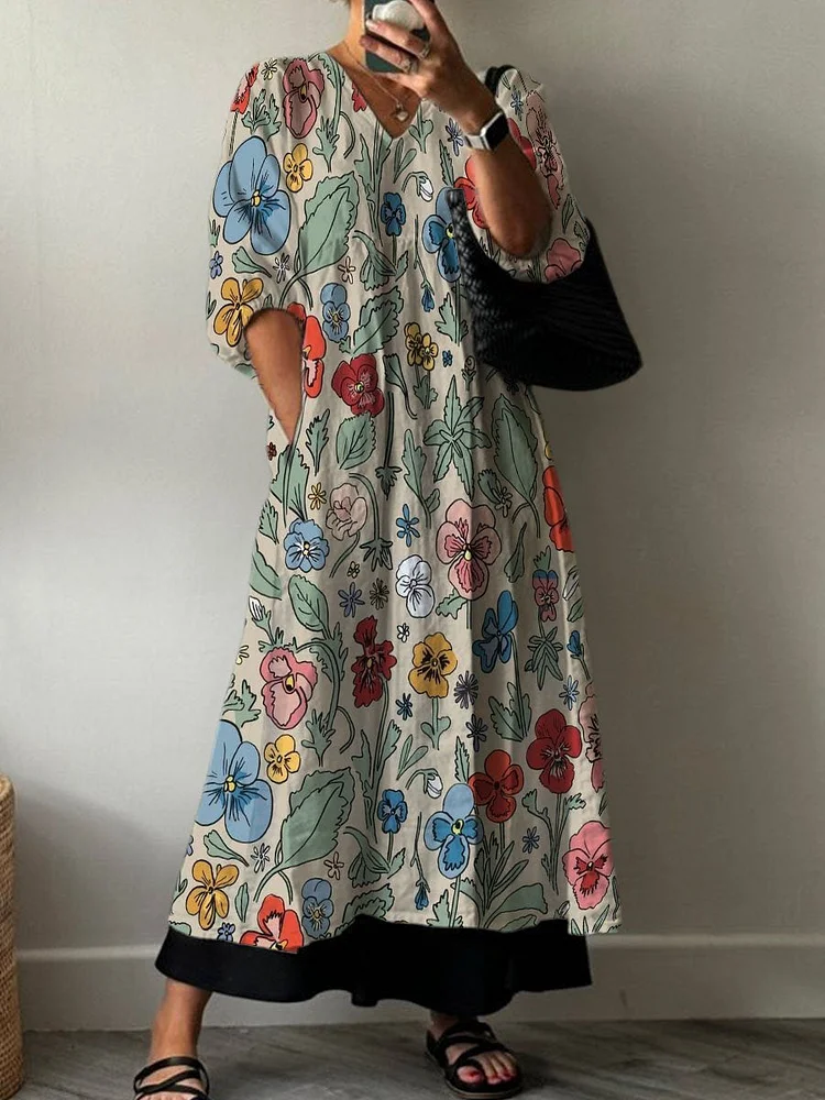 Vintage Colorful Flower Decorative Pattern Pocket V-neck Cotton Dress