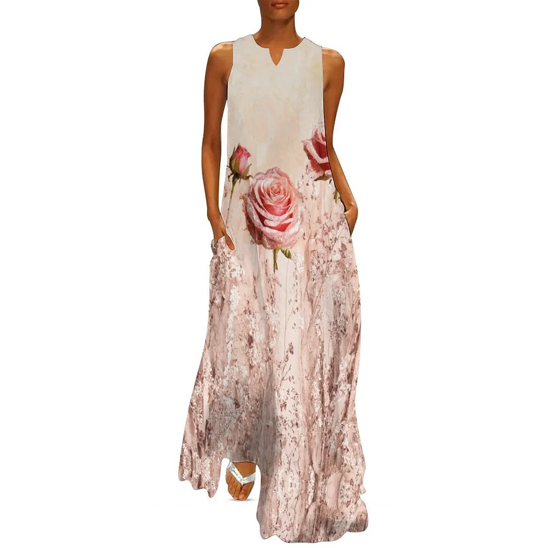 Style & Comfort for Mature Women Plus Size Printed Sleeveless Casual Women Maxi Dress with Pockets in Pattern Floral, Glitter, Pink