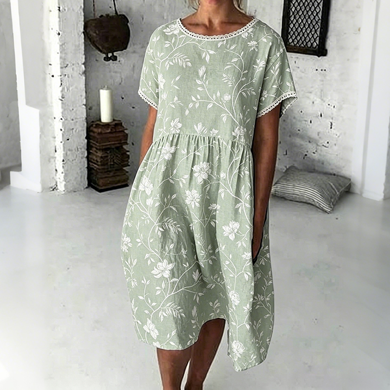Comstylish Women's Vintage Floral Art Print Comfy Linen Mini Dress