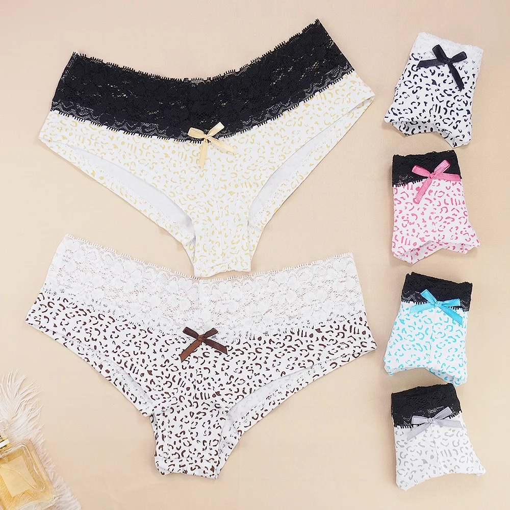 Billionm Cotton Lace Briefs Panties Women Leopard Printed Panty Sexy Underwear Fashion Underpants Breathable Bow Shorts