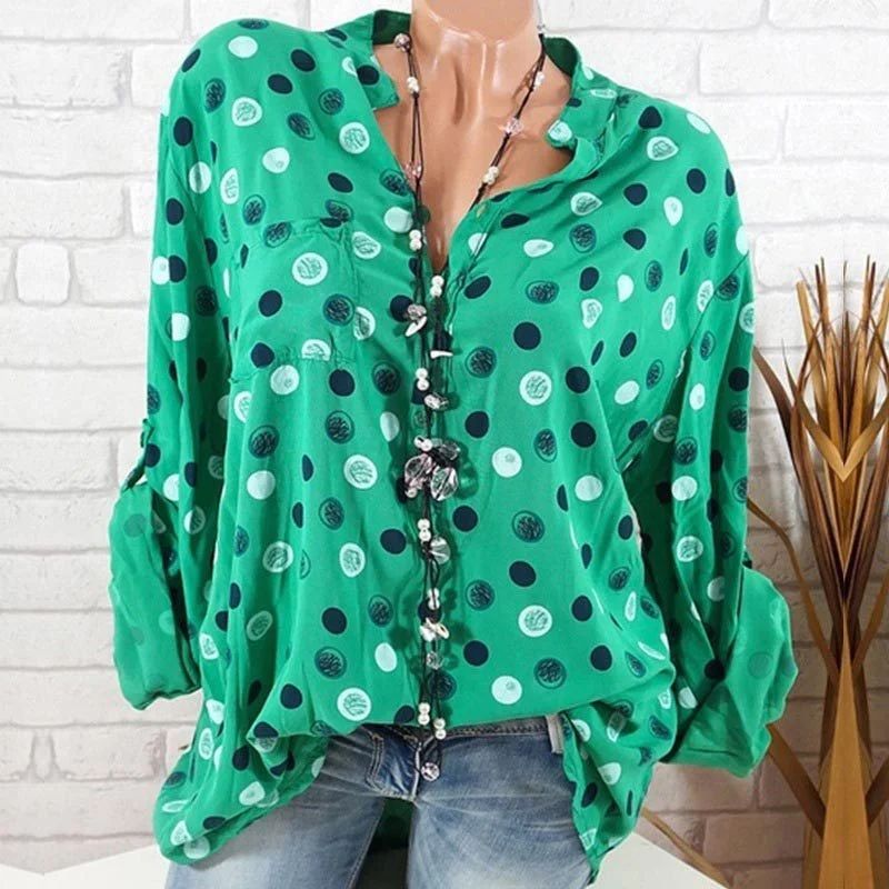 Gentillove Summer Women Long Sleeve Dot Print Blouses Office Lady Loose V Neck Beach Shirt Casual Tunic Blouse Oversized Tees