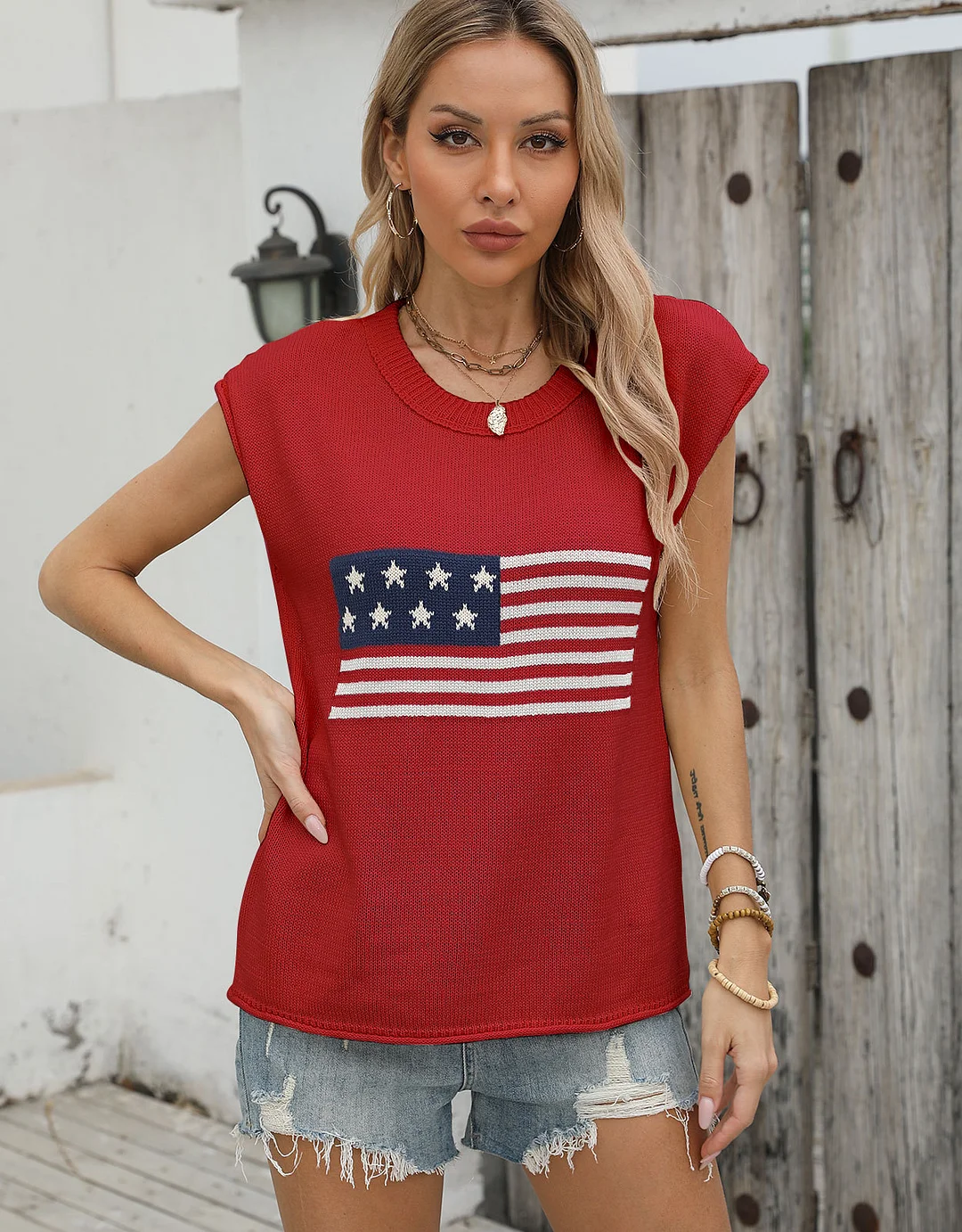 Athvotar Athvotar New Hot Independent Yen Collar Flag Top Solid Color Knit Shirt Short-Sleeved Sweater Woman