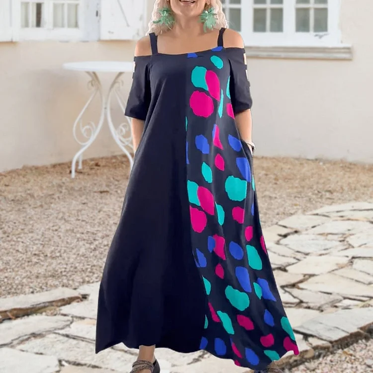 Printed Loose Dress With Cold Shoulder For Women
