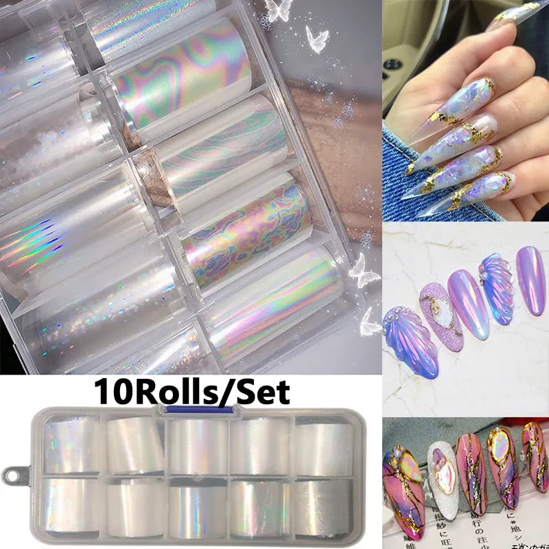 Nail Foils Broken Glass Nails Iridescent Holographic Mirror Foil Coloured Angel Paper Wraps Laser Tips Transfer Stickers Decals-Nail Inspo