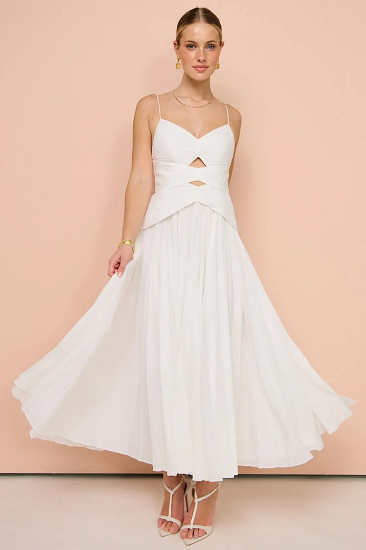 Cut Out A-Line Pleated Slip Maxi Dresses - White [Pre Order]