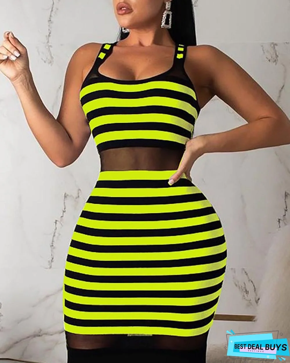 Thin Strap Striped Mesh Dress