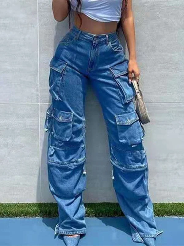 Women plus size clothing Women Casual Pockets Solid Jeans-Nordswear