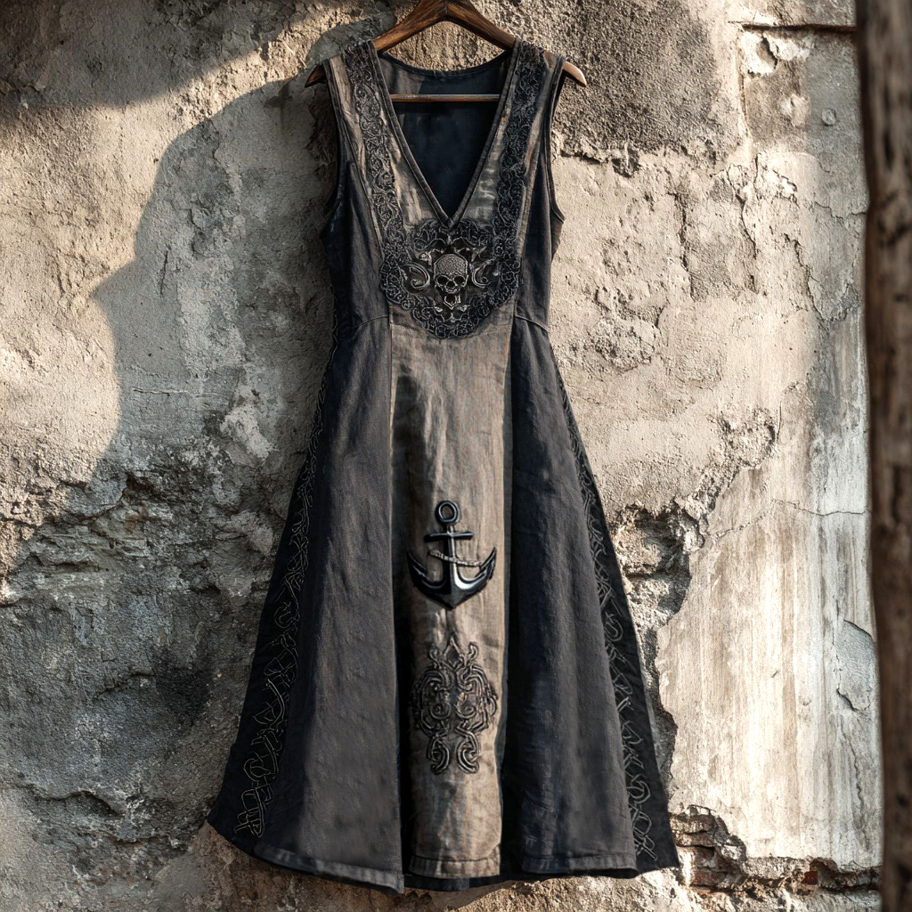 Comstylish Vintage Anchor Skull Celtic Embroidered Art Linen Women's Pirate Maxi Dress