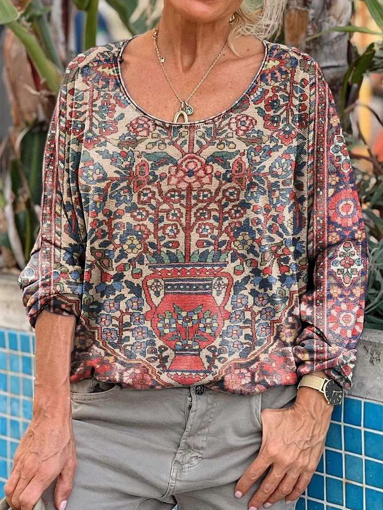 Retro Tribal Style Totem Art Print Casual Long Sleeve T-shirt