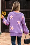 Women's Brushed Star Graphic V Neck Drop Shoulder Oversize Purple Sweater