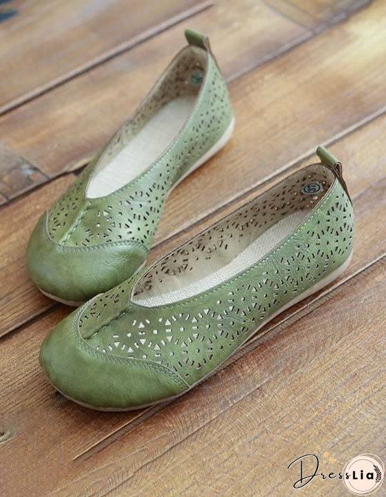 Handmade Soft Leather Retro Hollow Flats Flat Shoes