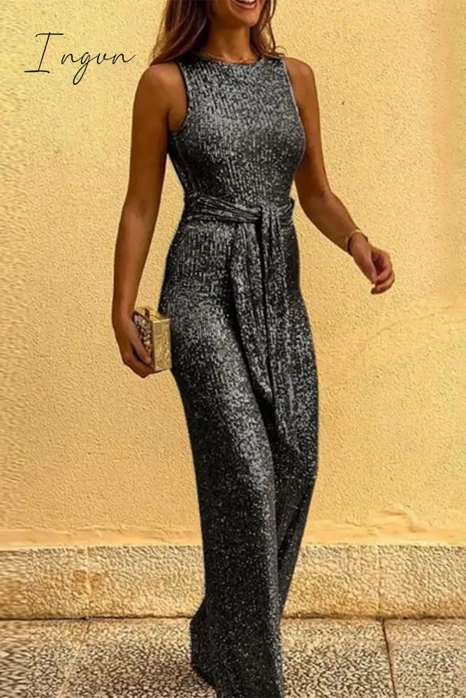 Ingvn - British Style Elegant Solid Sequins Backless O Neck Jumpsuits Black / S & Rompers/Jumpsuits