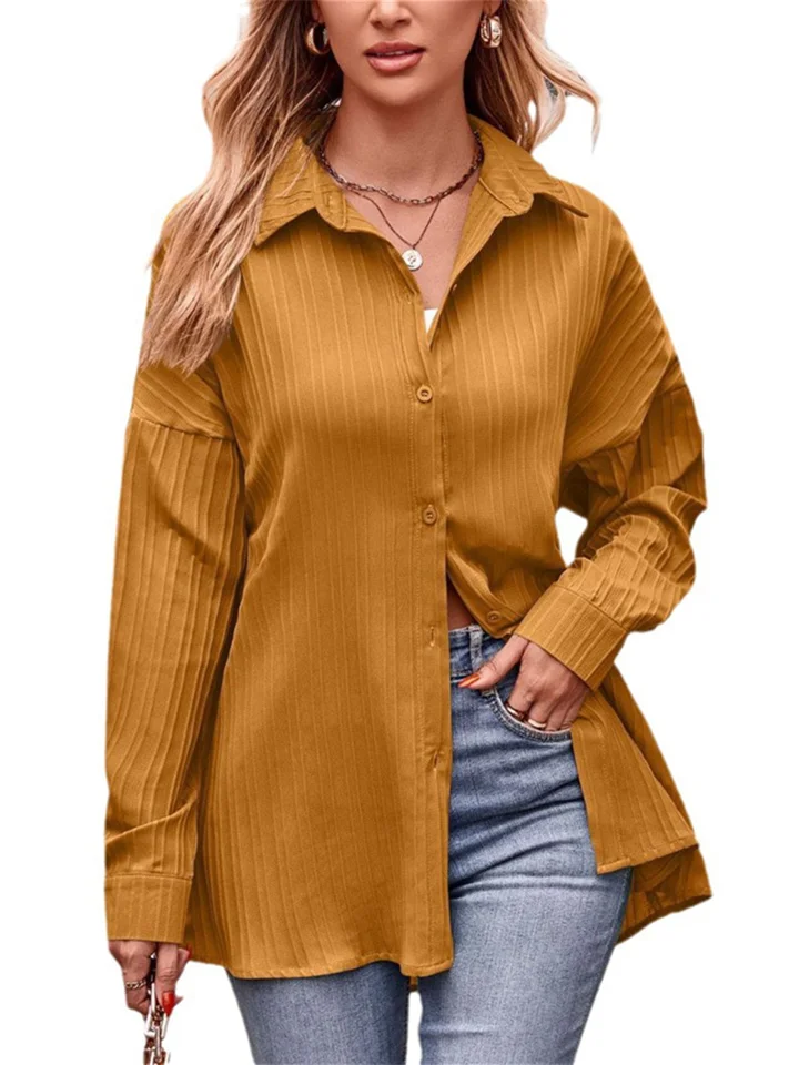 Women's New Fall and Winter Commuter Casual Double Line Jacquard Loose Long-sleeved Solid Color Shirt S-XXL | 168DEAL