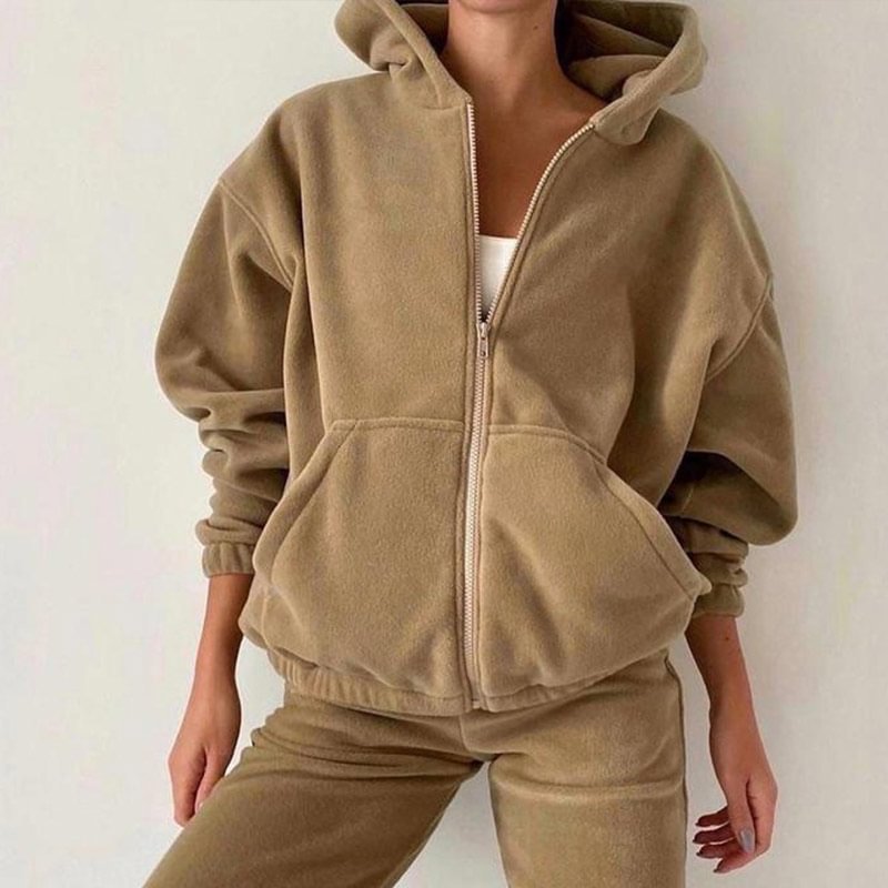 Ladies Casual Hooded Zip Tracksuit Two Piece Set