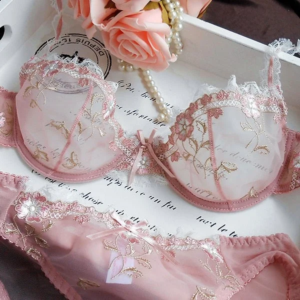 Sexy Lingerie Exquisite Embroidery Lotus Pink Ultra-thin Sexy Large Size Lingerie Ladies Lace Transparent Comfortable Bra