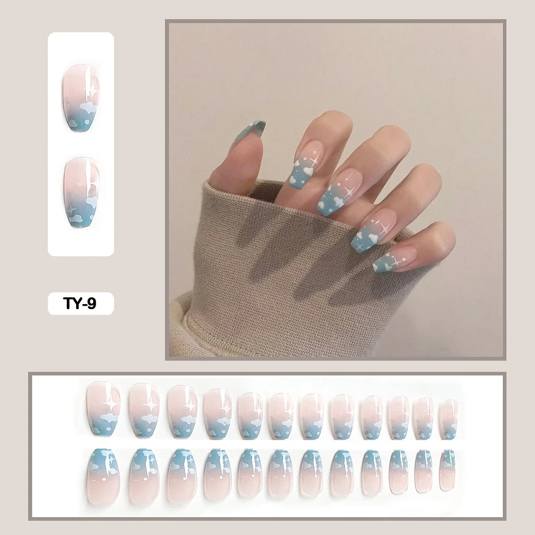 24pcs Blue Starry Sky Romantic Graffiti Nail Art With Artificial Diamond Fake Nails With Glue Fake Nails Long With Wearing Tools-Nail Inspo