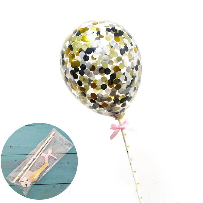 1 Set 5inch Confetti Balloon Cake Topper Decoration with Paper Straw Bow Baby Shower Favors Wedding Birthday Party Supplies