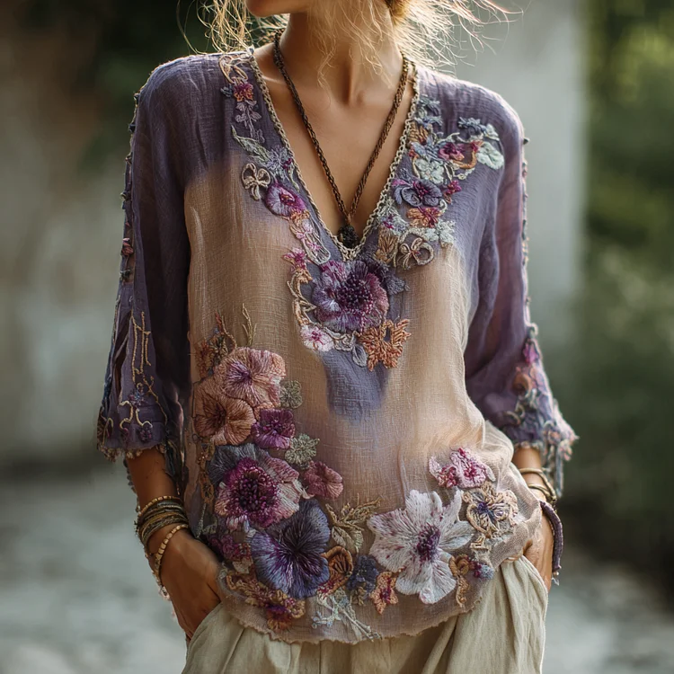 Women's Vintage Purple Floral Embroidery Art V-neck Shirt