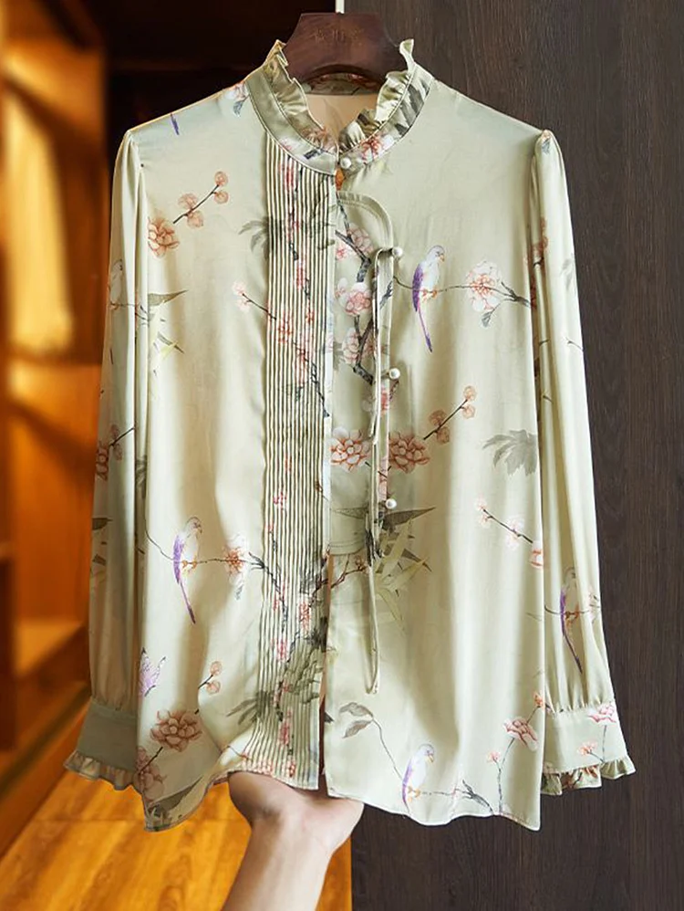 Elegant Bird And Flower Print Mock Neck Pressed Pleated Long Sleeve Loose Shirt