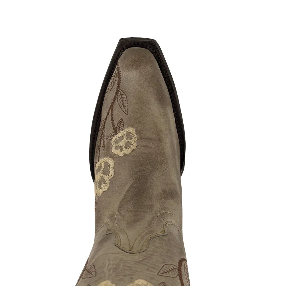 Retro Taupe Snip Toe Floral Embroidered Cowboy Boots for Women
