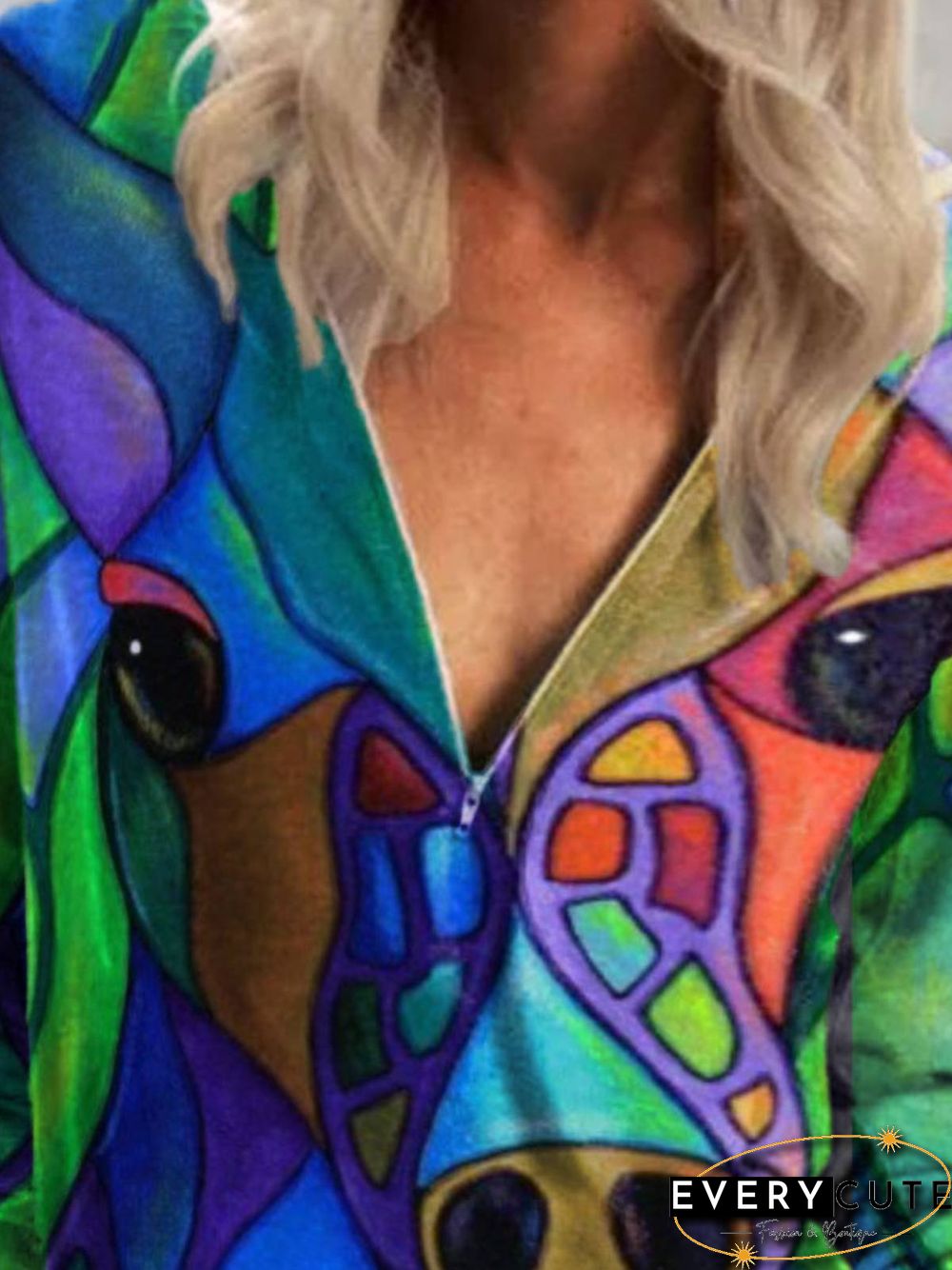 Long Sleeve V Neck Printed Cotton-Blend Tops