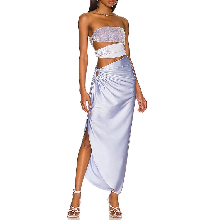 Flaxmaker Pearl Shoulder Strap Cutout Shiny Texture One Piece Swimsuit and Skirt