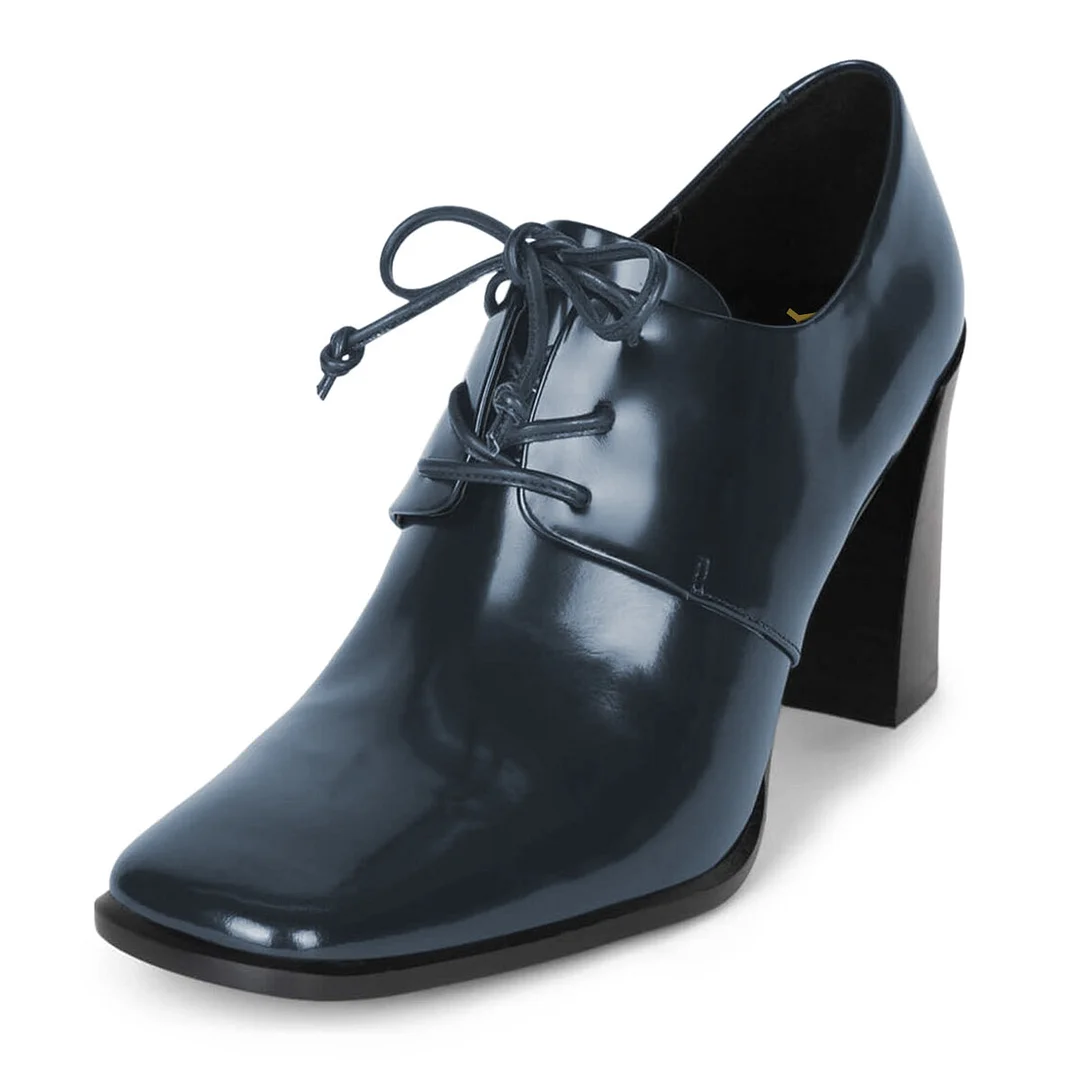 Navy Patent Leather Square Toe Lace-Up Office Women's Oxfords